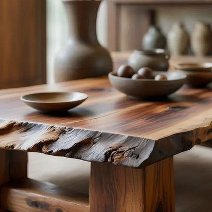Rustic Solid Wood Coffee Table with Live Edge Top and Thick Block Legs