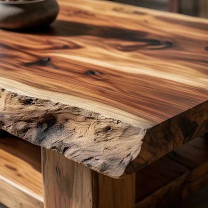 Live Edge Solid Wood Coffee Table with Lower Shelf and Rustic Frame