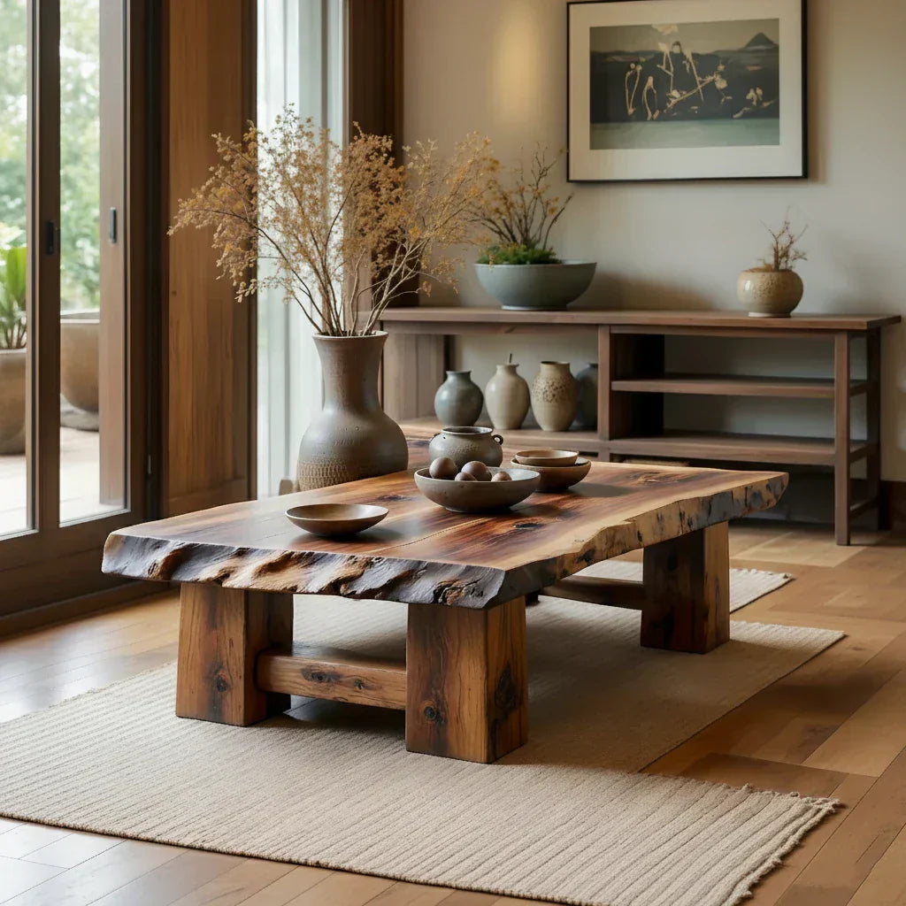 Rustic Solid Wood Coffee Table with Live Edge Top and Thick Block Legs