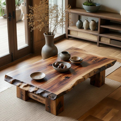 Rustic Solid Wood Coffee Table with Live Edge Top and Thick Block Legs