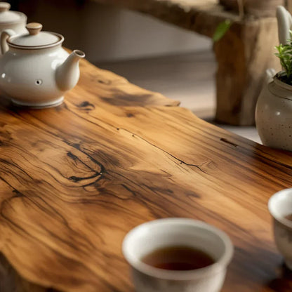 Handcrafted Solid Wood Tea Table with Live Edge and Rustic Block Base