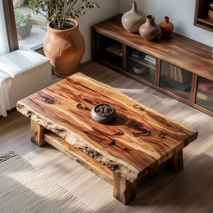 Live Edge Solid Wood Coffee Table with Lower Shelf and Rustic Frame