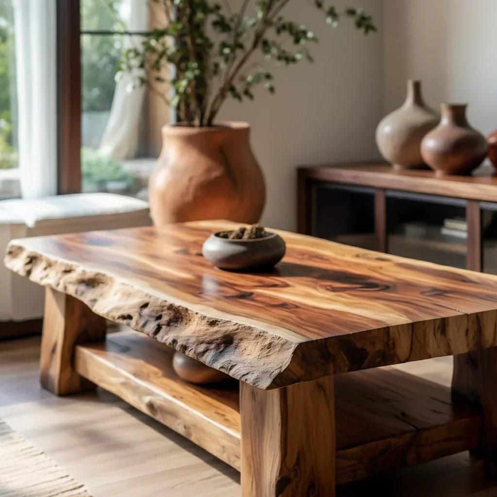 Live Edge Solid Wood Coffee Table with Lower Shelf and Rustic Frame