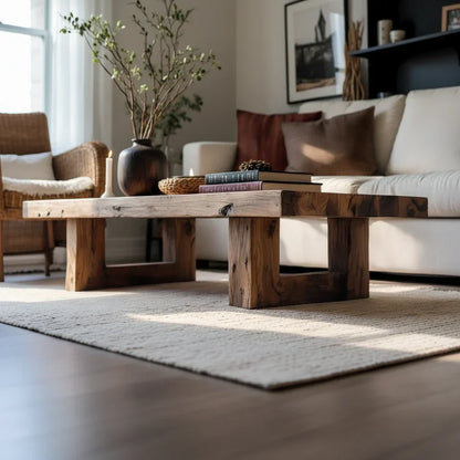 Handcrafted Solid Wood Coffee Table Rustic Low Block Center Table