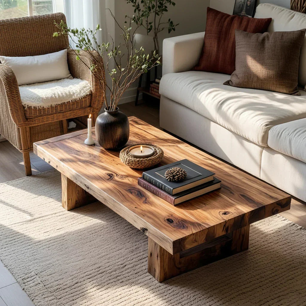 Handcrafted Solid Wood Coffee Table Rustic Low Block Center Table