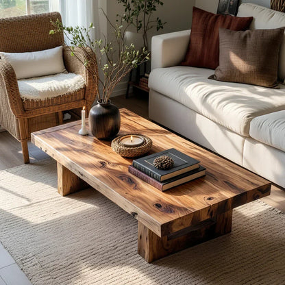 Handcrafted Solid Wood Coffee Table Rustic Low Block Center Table