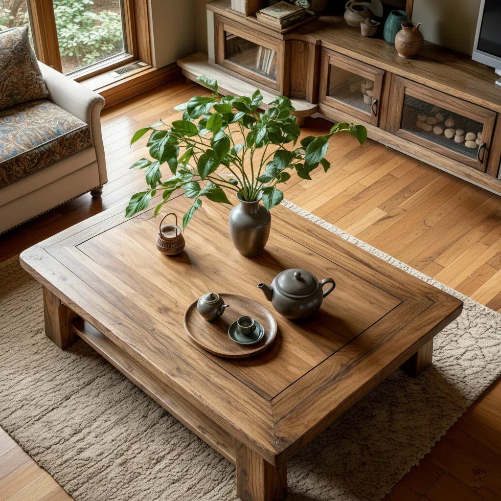 Solid Wood Coffee Table with Shelf Storage for Living Room
