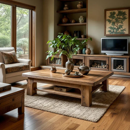 Solid Wood Coffee Table with Shelf Storage for Living Room