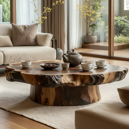 Round Live Edge Wood Coffee Table with Pedestal Base