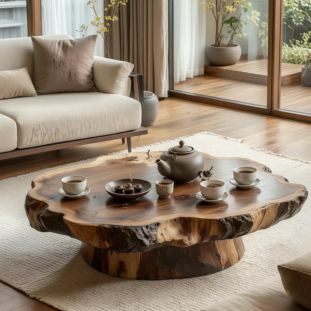 Round Live Edge Wood Coffee Table with Pedestal Base