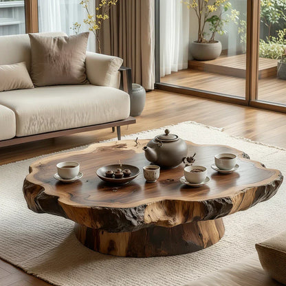 Round Live Edge Wood Coffee Table with Pedestal Base