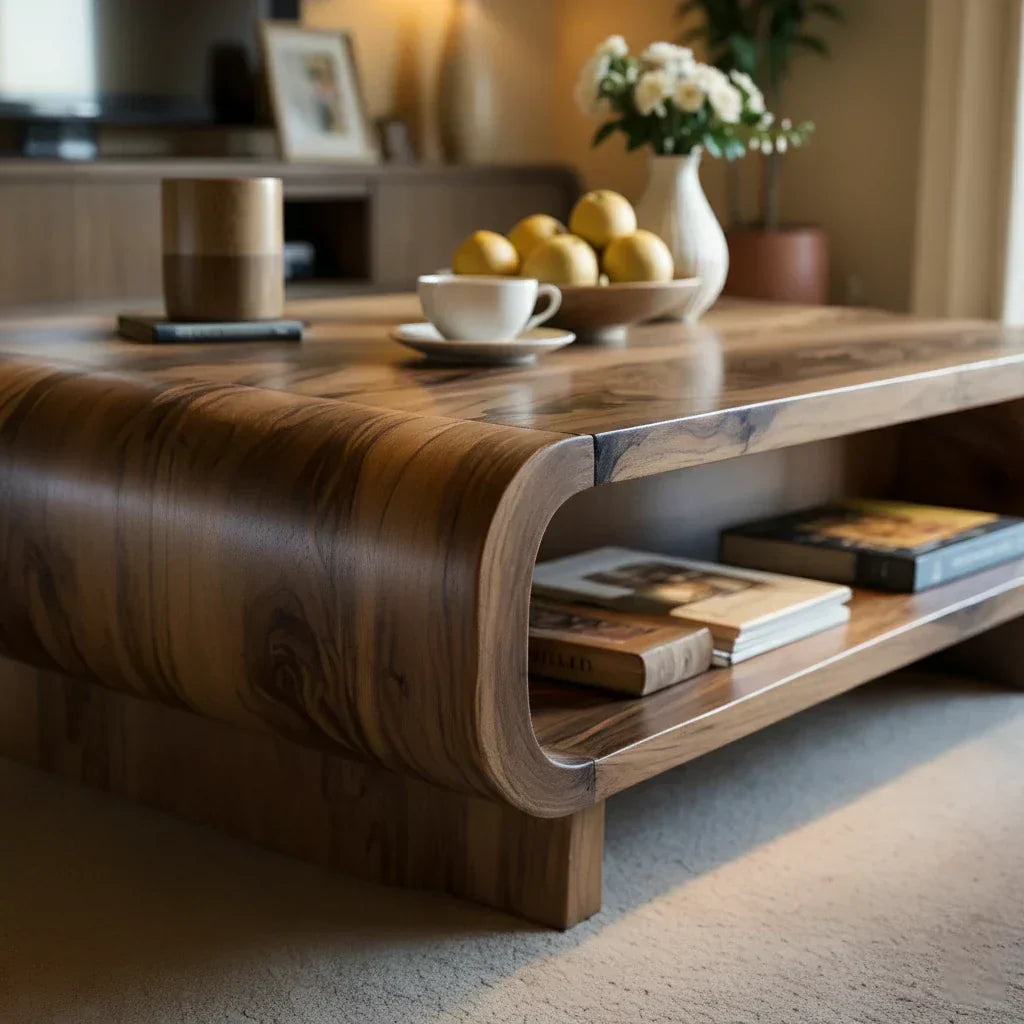 Curved Solid Wood Coffee Table with Open Shelf Storage