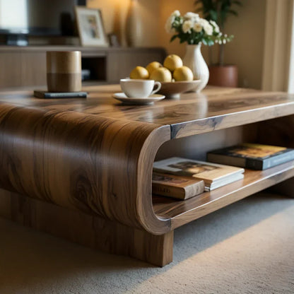 Curved Solid Wood Coffee Table with Open Shelf Storage