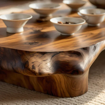 Organic Solid Wood Tea Table with Sculpted Base and Live Edge Form