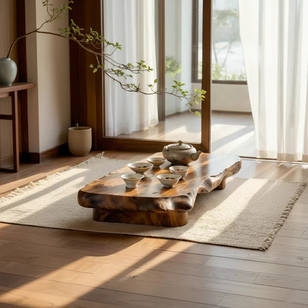 Organic Solid Wood Tea Table with Sculpted Base and Live Edge Form