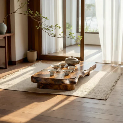 Organic Solid Wood Tea Table with Sculpted Base and Live Edge Form