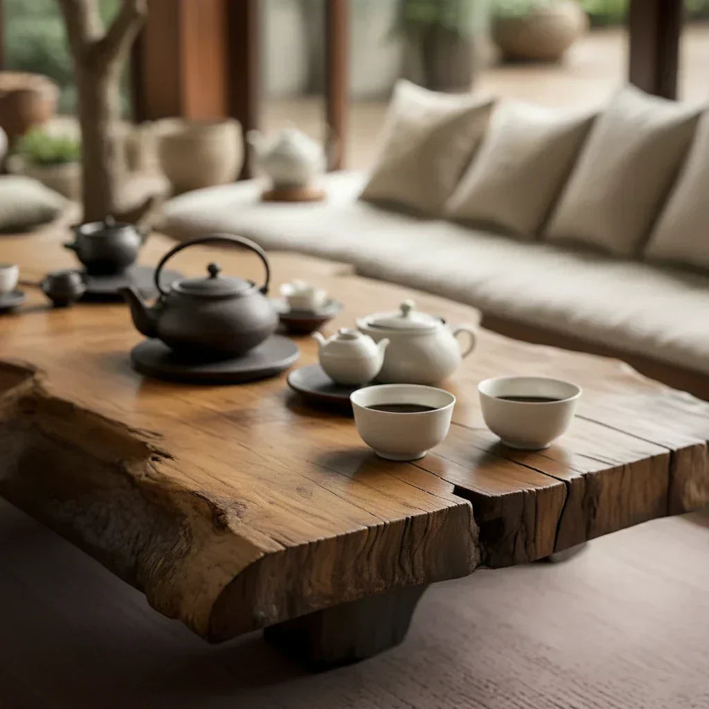 Japanese Style Solid Wood Tea Table with Live Edge Slab Top