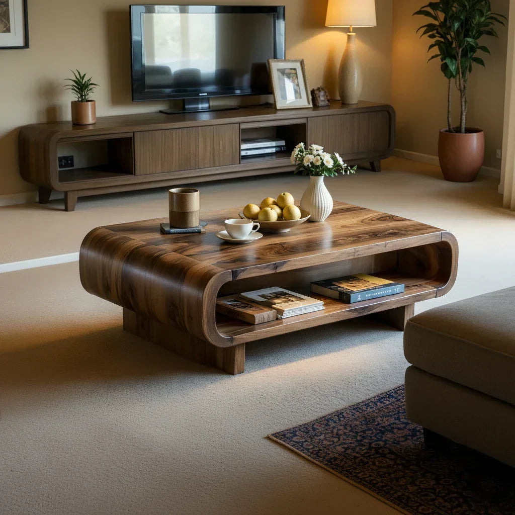 Curved Solid Wood Coffee Table with Open Shelf Storage