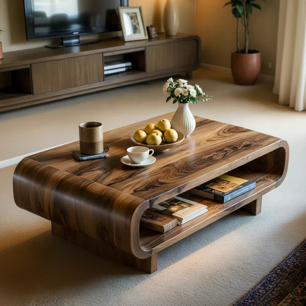 Curved Solid Wood Coffee Table with Open Shelf Storage