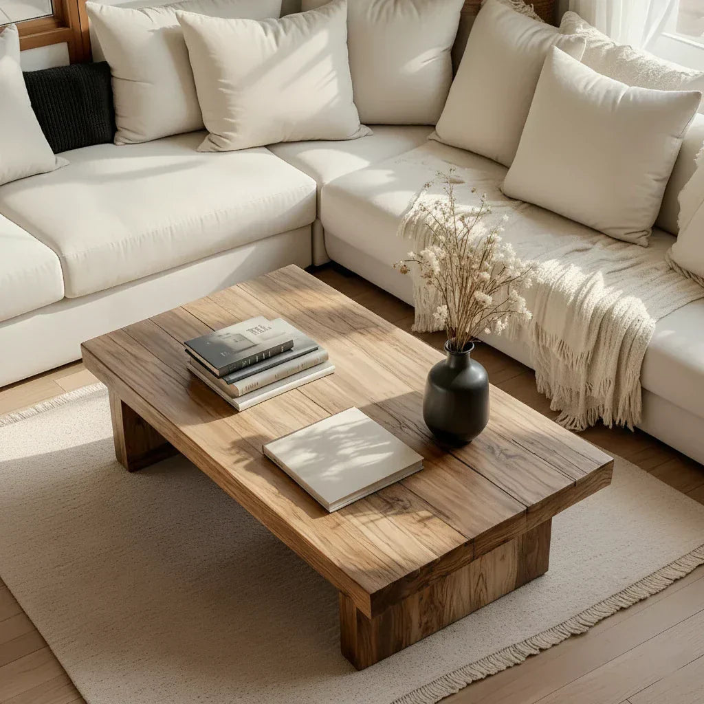 Minimalist Solid Wood Coffee Table Rustic Low Block Center Table