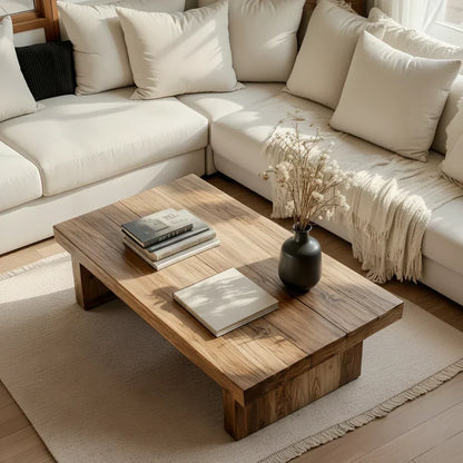 Minimalist Solid Wood Coffee Table Rustic Low Block Center Table