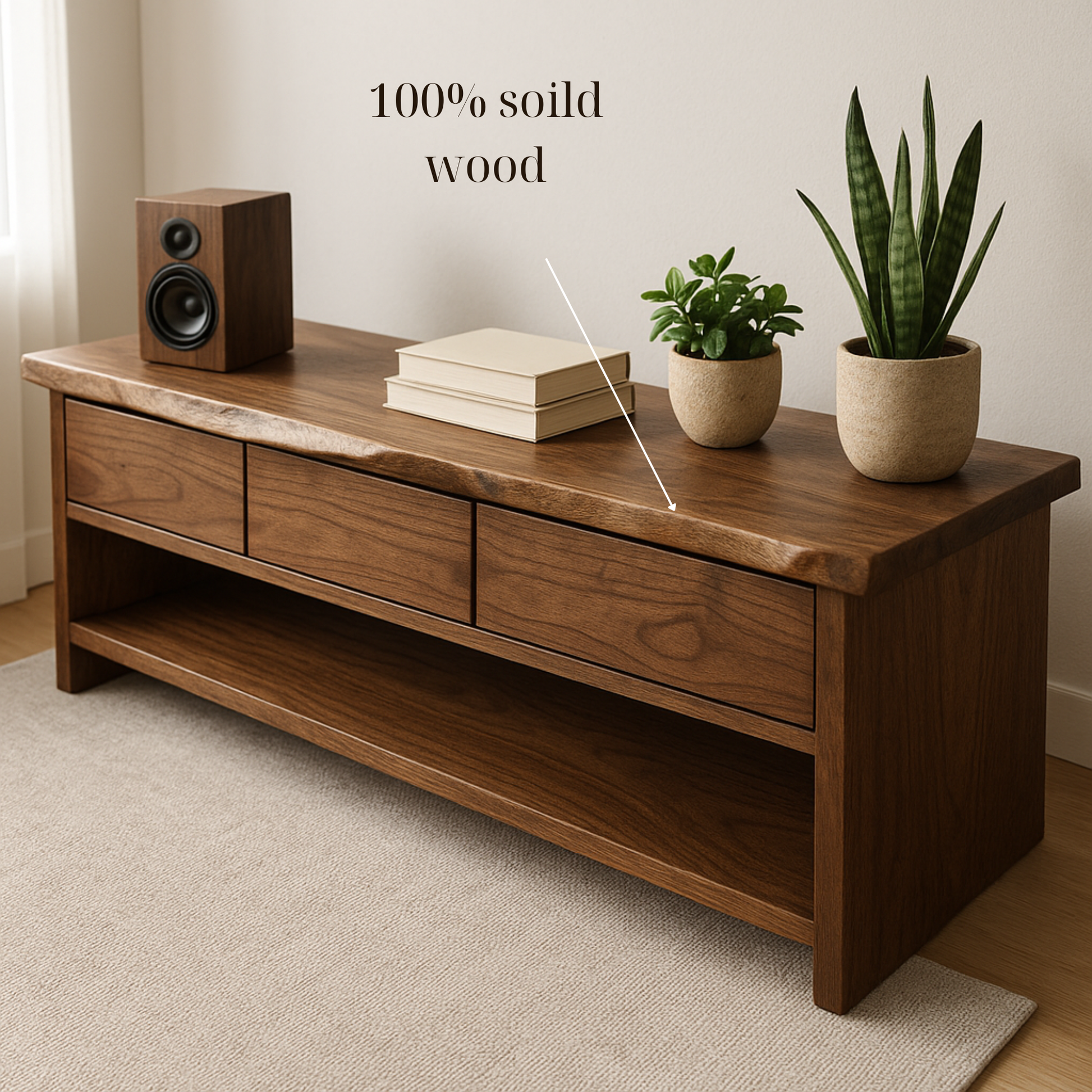 Handcrafted Solid Wood TV Stand – Minimalist Walnut Media Console with Drawers and Open Shelf Kitchnce