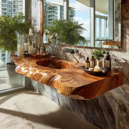 Kaelvyn Live Edge Solid Wood Floating Bathroom Vanity with Integrated Sink SPA254428 Kitchnce