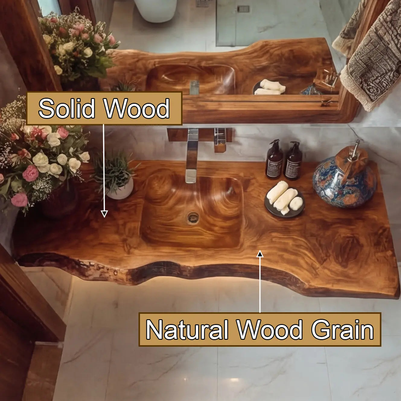 Kavero Handcrafted Live Edge Solid Wood Floating Bathroom Vanity with Integrated Sink SPA183672 Kitchnce