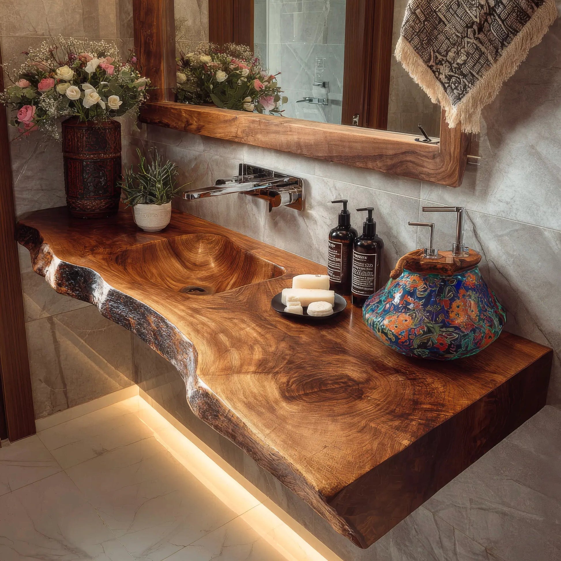 Kavero Handcrafted Live Edge Solid Wood Floating Bathroom Vanity with Integrated Sink SPA183672 Kitchnce