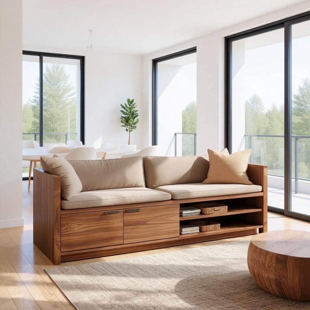 Solid Wood Storage Sofa – Modern Wooden Sofa with Drawer and Shelving