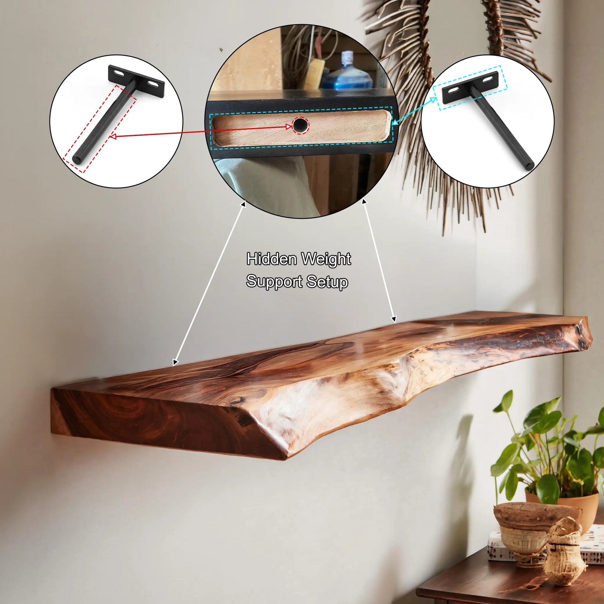 Live Edge Rustic Solid Wood Floating Shelf Kitchnce