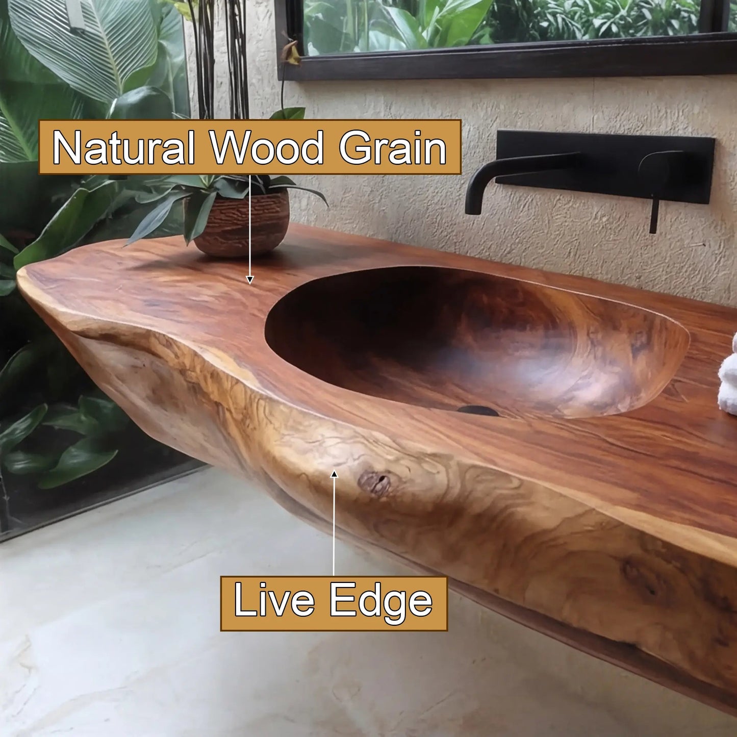 Lorvane Sculpted Live Edge Solid Wood Floating Bathroom Vanity with Integrated Sink Kitchnce
