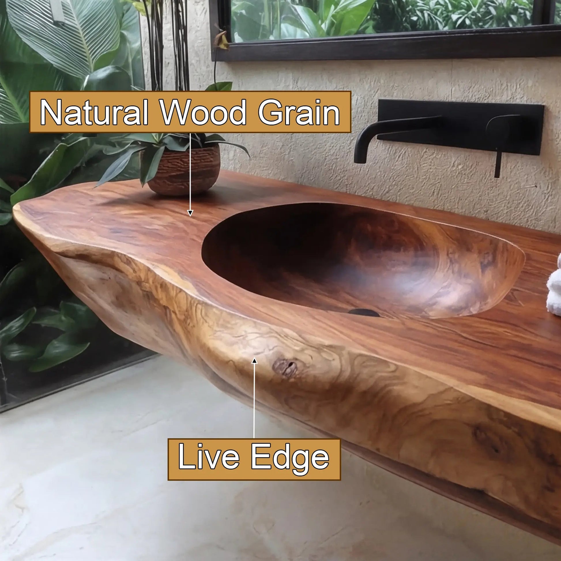 Lorvane Sculpted Live Edge Solid Wood Floating Bathroom Vanity with Integrated Sink Kitchnce