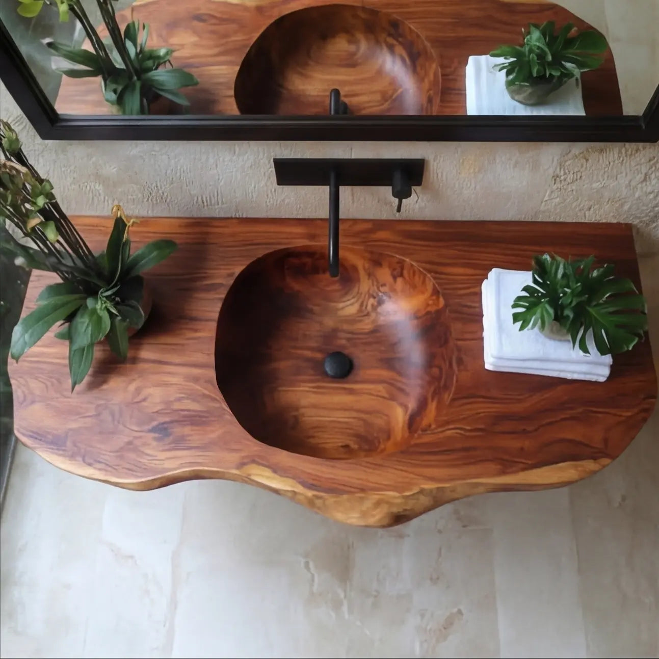 Lorvane Sculpted Live Edge Solid Wood Floating Bathroom Vanity with Integrated Sink Kitchnce