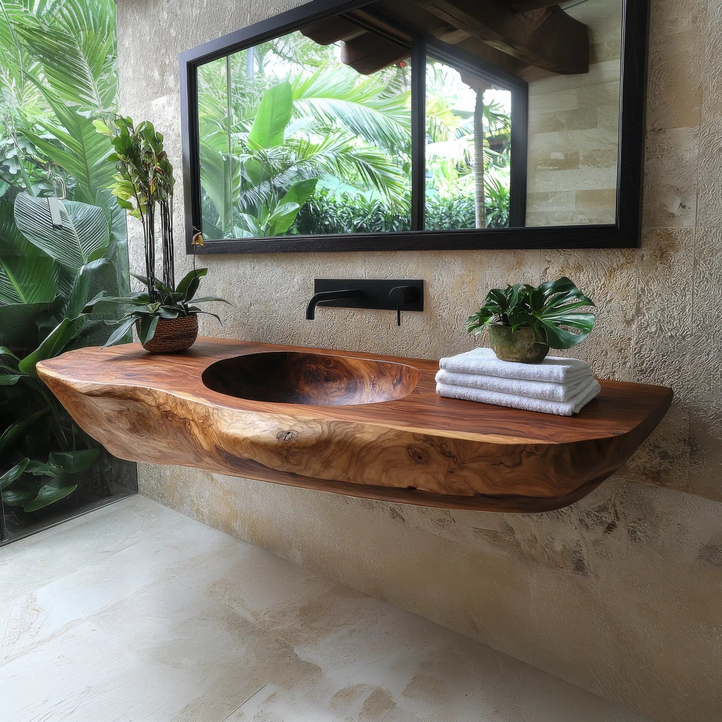 Lorvane Sculpted Live Edge Solid Wood Floating Bathroom Vanity with Integrated Sink Kitchnce