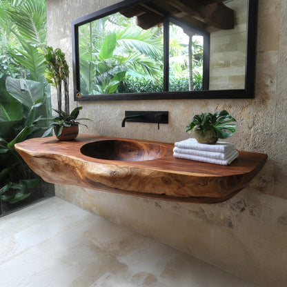 Lorvane Sculpted Live Edge Solid Wood Floating Bathroom Vanity with Integrated Sink Kitchnce