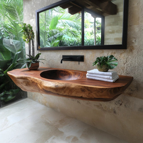 Lorvane Sculpted Live Edge Solid Wood Floating Bathroom Vanity with Integrated Sink Kitchnce