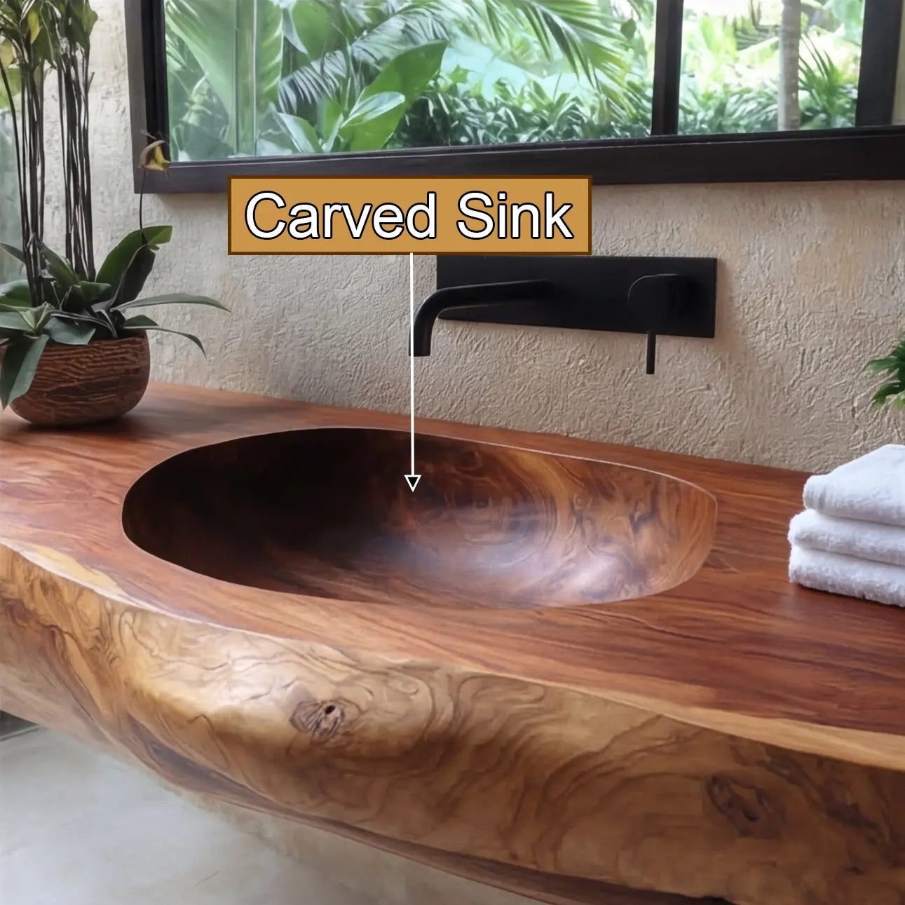 Lorvane Sculpted Live Edge Solid Wood Floating Bathroom Vanity with Integrated Sink Kitchnce