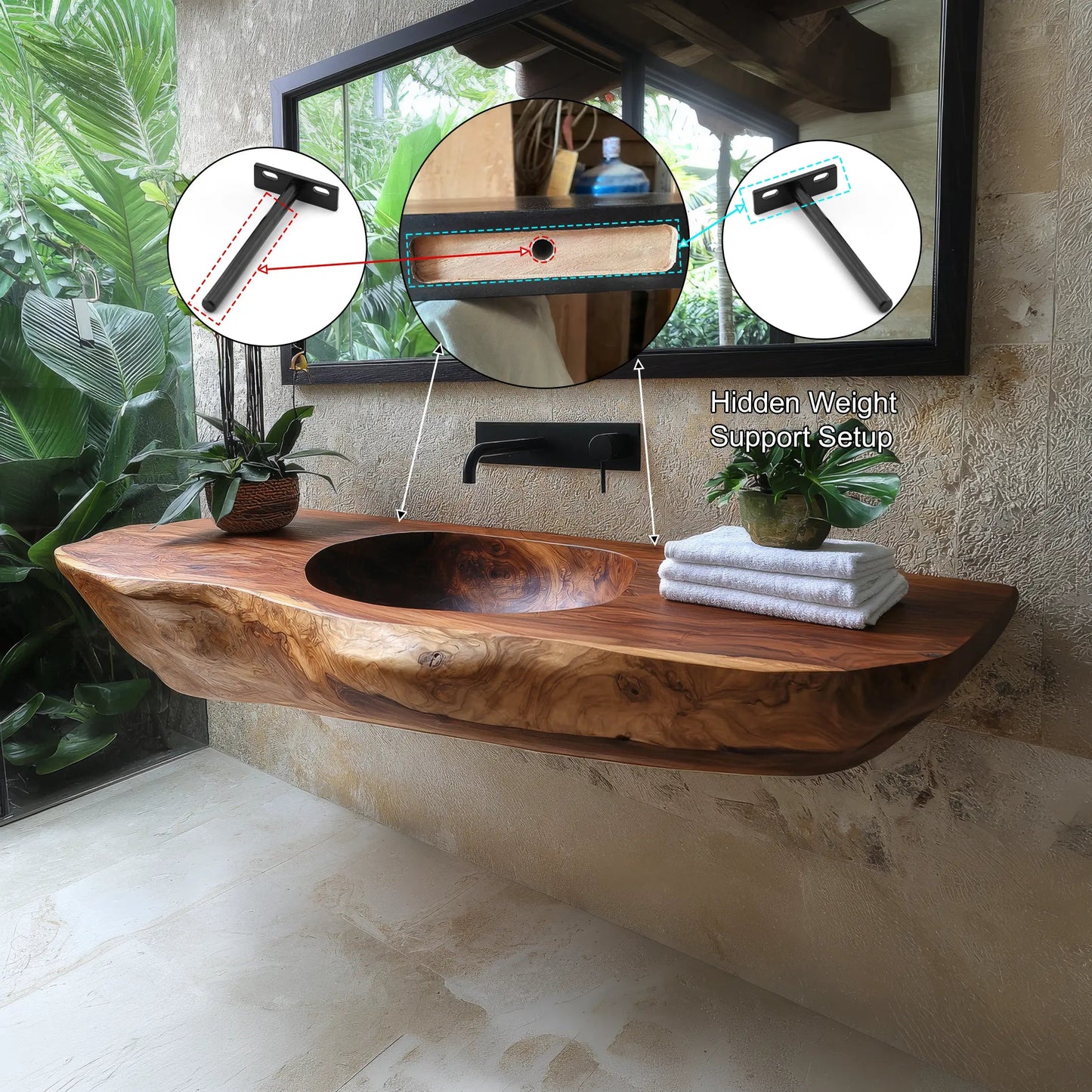 Lorvane Sculpted Live Edge Solid Wood Floating Bathroom Vanity with Integrated Sink Kitchnce