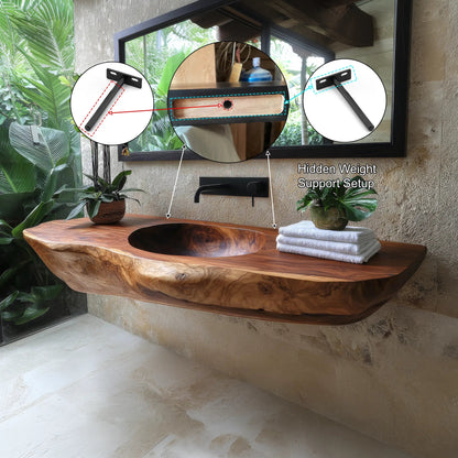 Lorvane Sculpted Live Edge Solid Wood Floating Bathroom Vanity with Integrated Sink Kitchnce