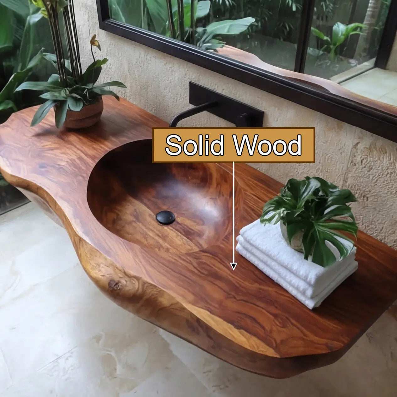 Lorvane Sculpted Live Edge Solid Wood Floating Bathroom Vanity with Integrated Sink Kitchnce