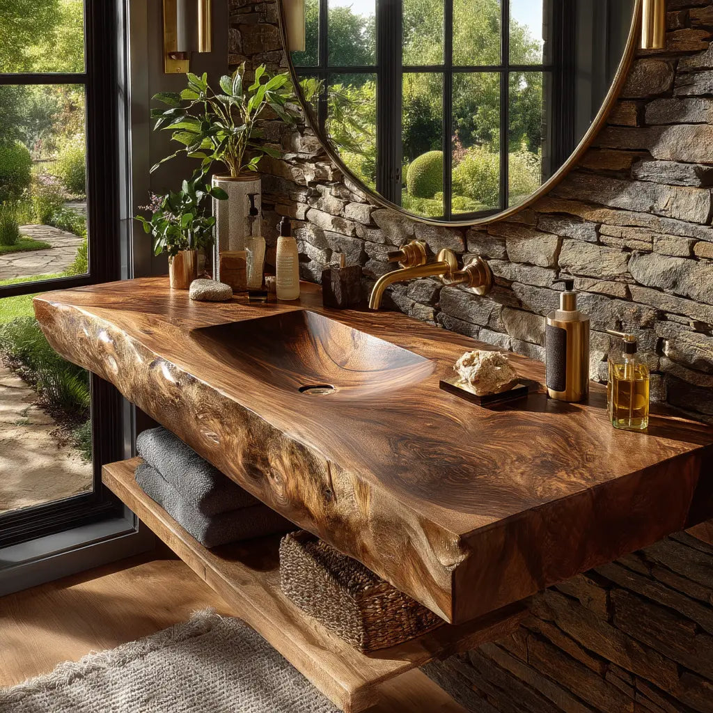 Morvyn Live Edge Solid Wood Floating Bathroom Vanity with Integrated Sink Kitchnce