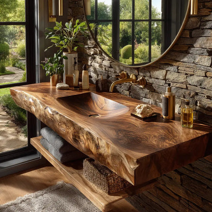Morvyn Live Edge Solid Wood Floating Bathroom Vanity with Integrated Sink Kitchnce