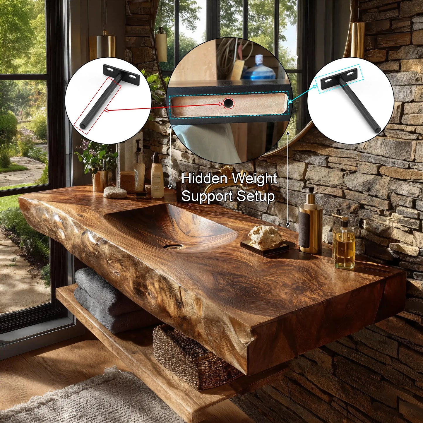 Morvyn Live Edge Solid Wood Floating Bathroom Vanity with Integrated Sink Kitchnce