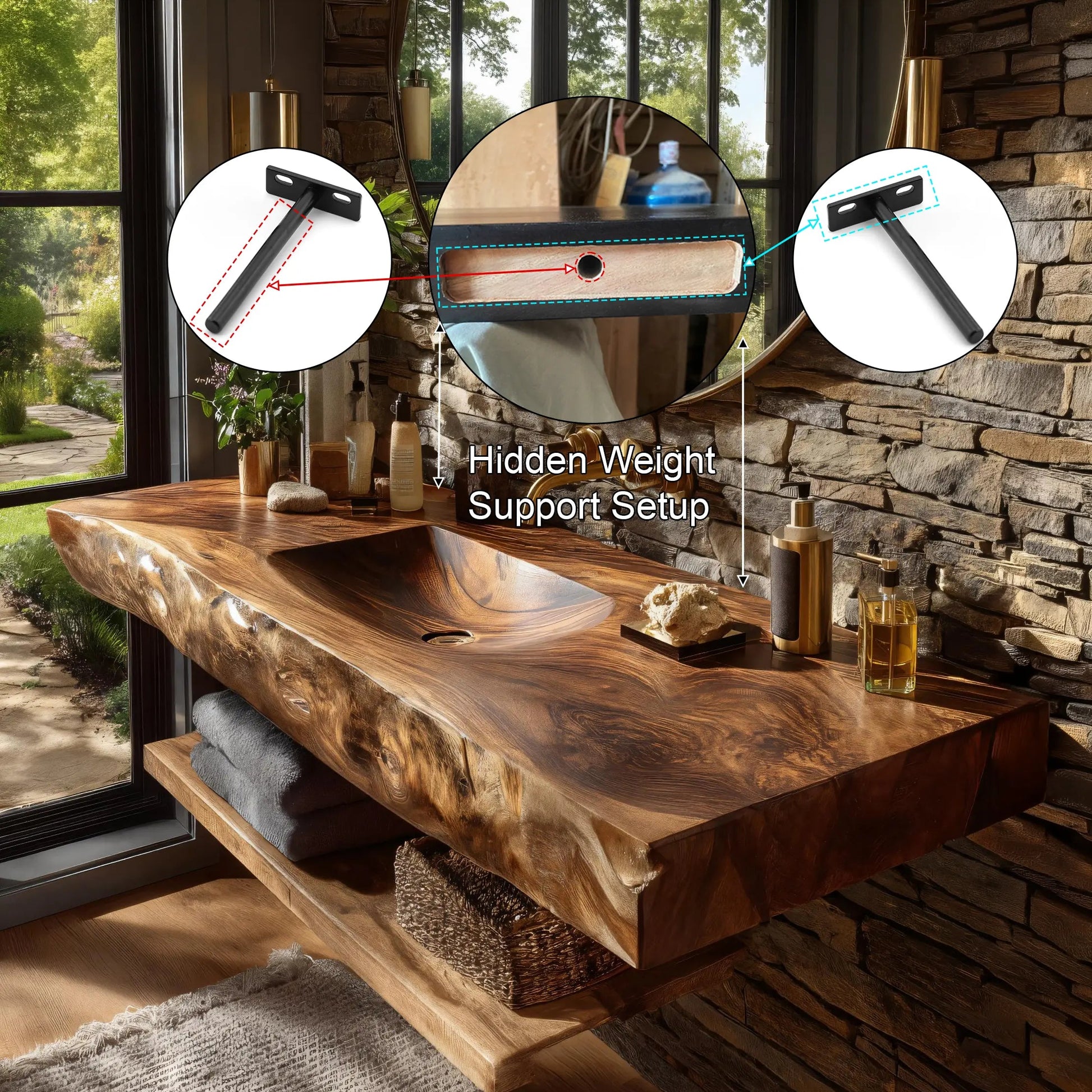 Morvyn Live Edge Solid Wood Floating Bathroom Vanity with Integrated Sink Kitchnce
