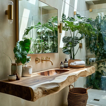 Nerava Live Edge Solid Wood Floating Bathroom Vanity with Integrated Sink Kitchnce