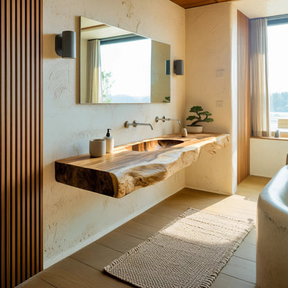 Nerava Live Edge Solid Wood Floating Bathroom Vanity with Integrated Sink Kitchnce
