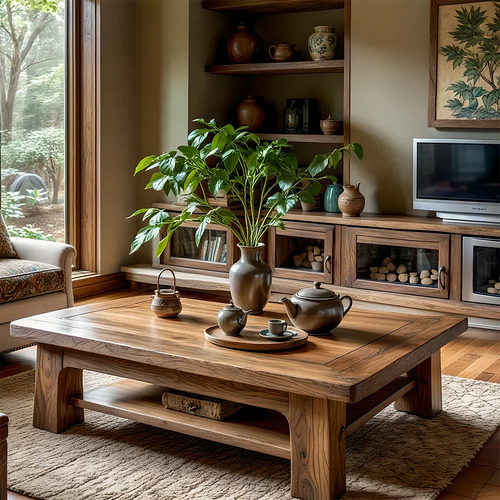 Solid Wood Coffee Table with Shelf Storage for Living Room