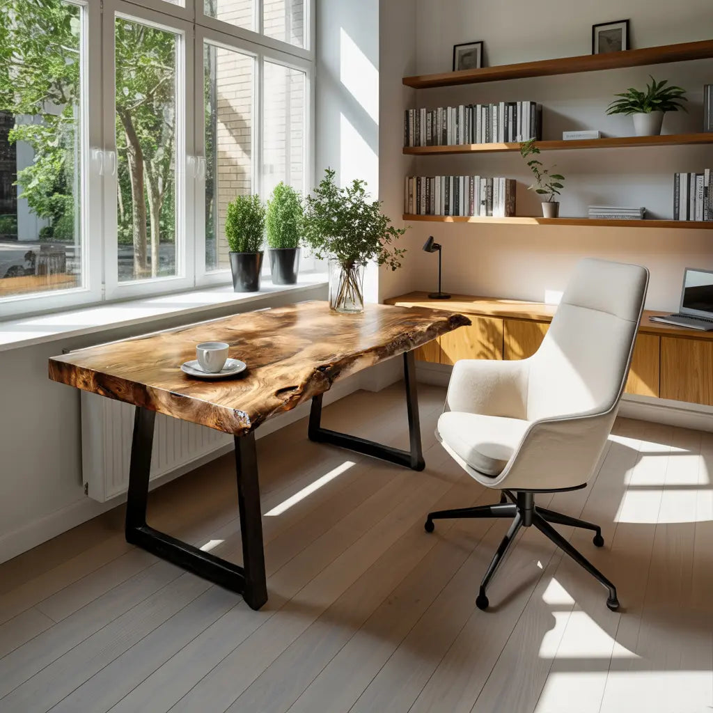 Modern Live Edge Wooden Desk With Metal Legs For Home Office Or Studio Kitchnce