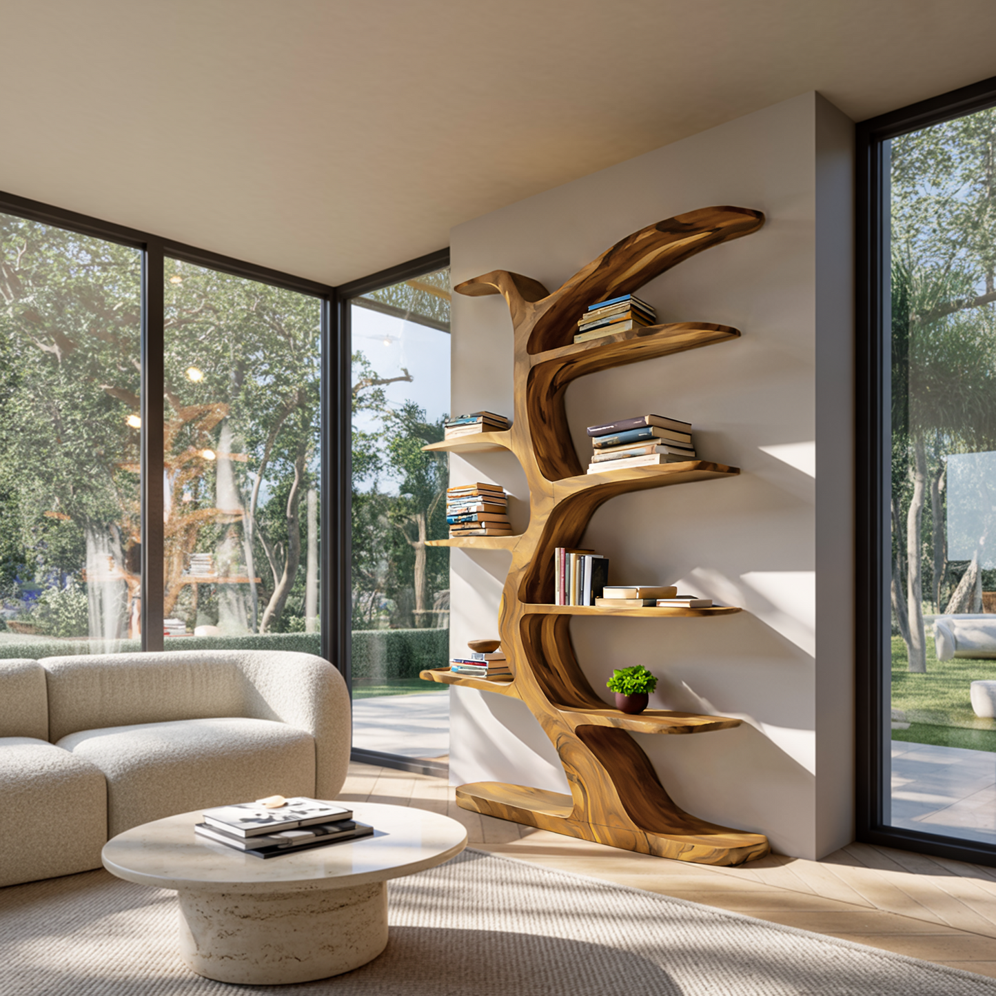 Modern Bookshelf Tree Inspired Curved Design For Living Room Kitchnce